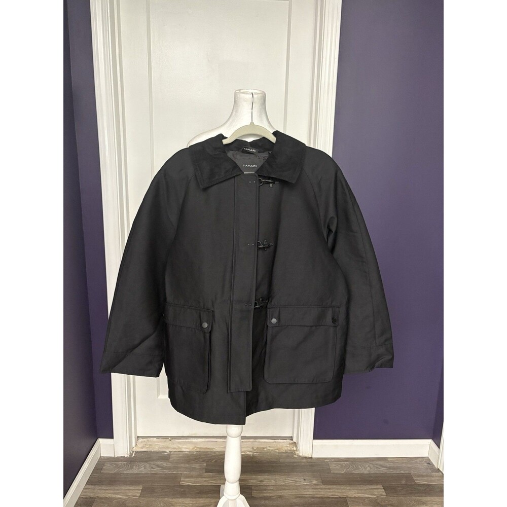 NWT Tahari Taylor Black Barn Jacket Corduroy Collar Toggle Snap Women's Coat L - Picture 5 of 16